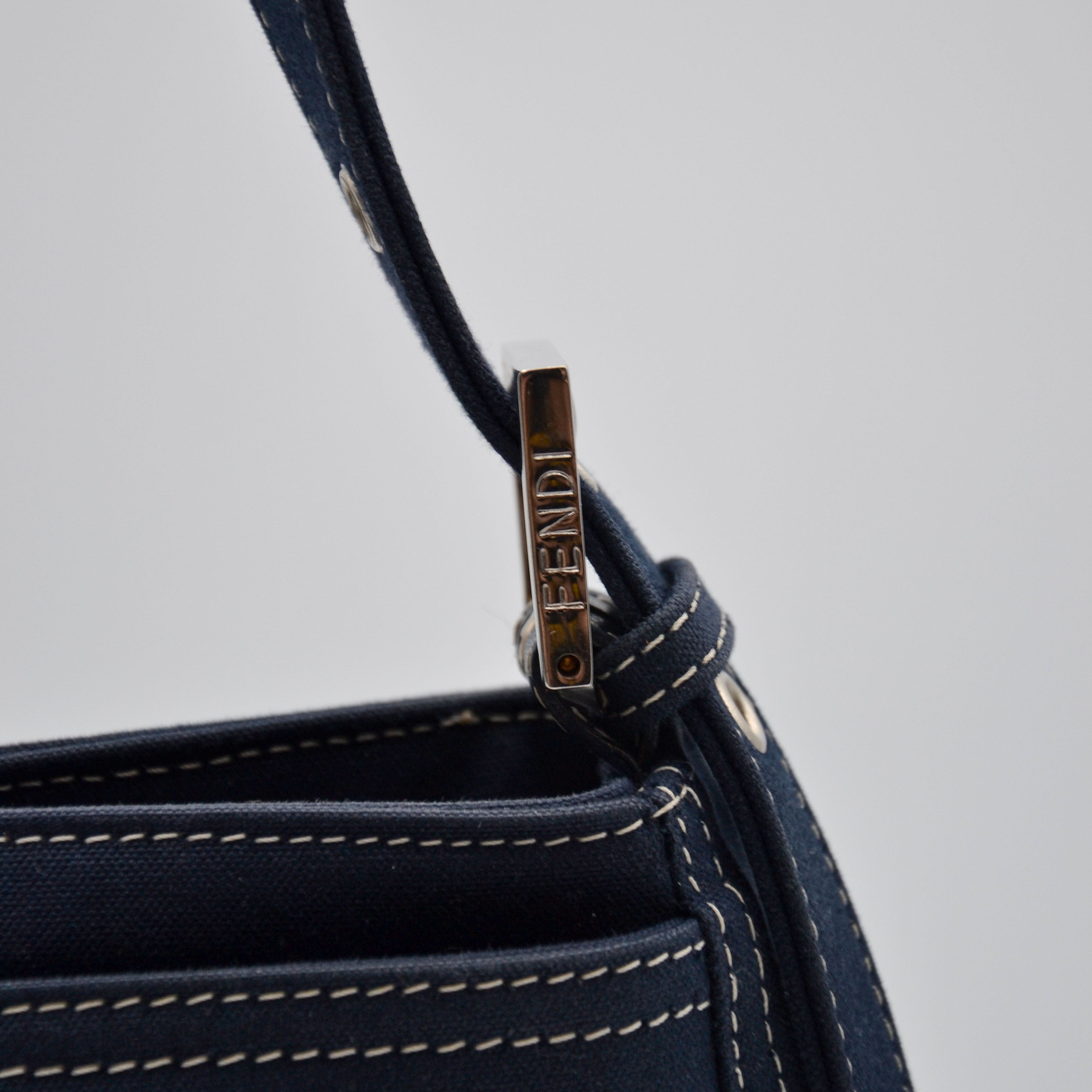 Fendi Baguette Navy Blue Canvas Vintage Enamel FF Clasp