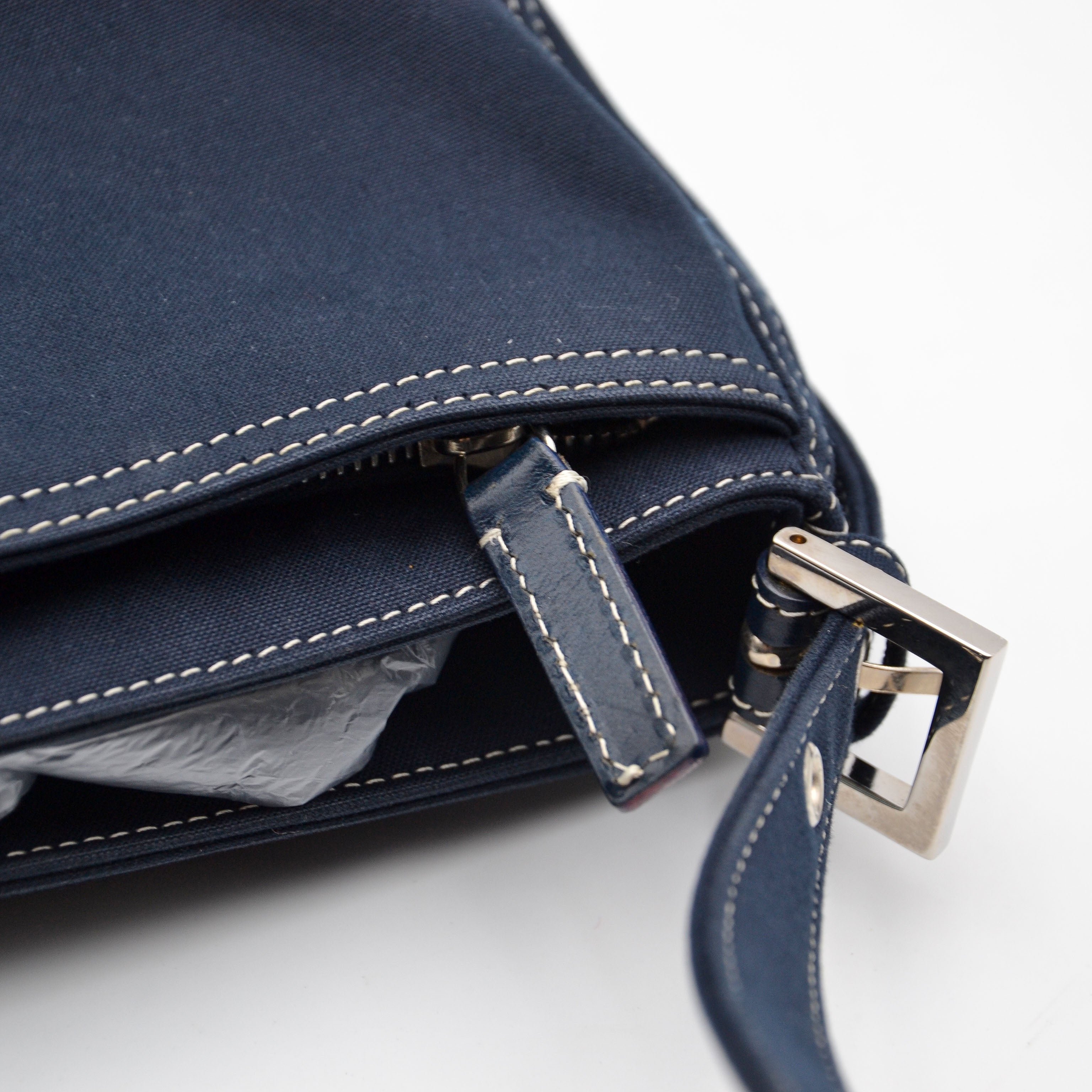 Fendi Baguette Navy Blue Canvas Vintage Enamel FF Clasp