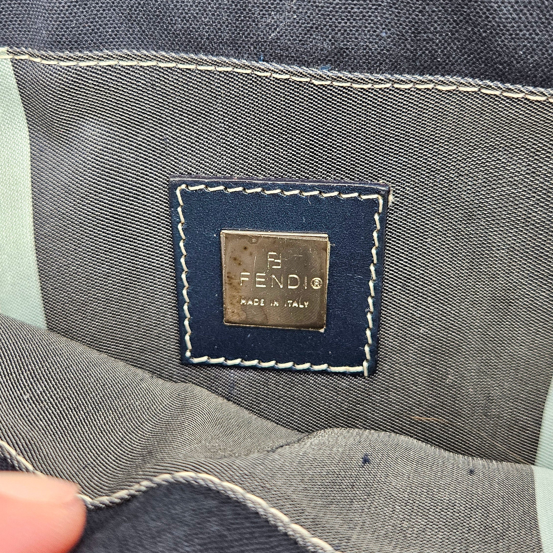 Fendi Baguette Navy Blue Canvas Vintage Enamel FF Clasp