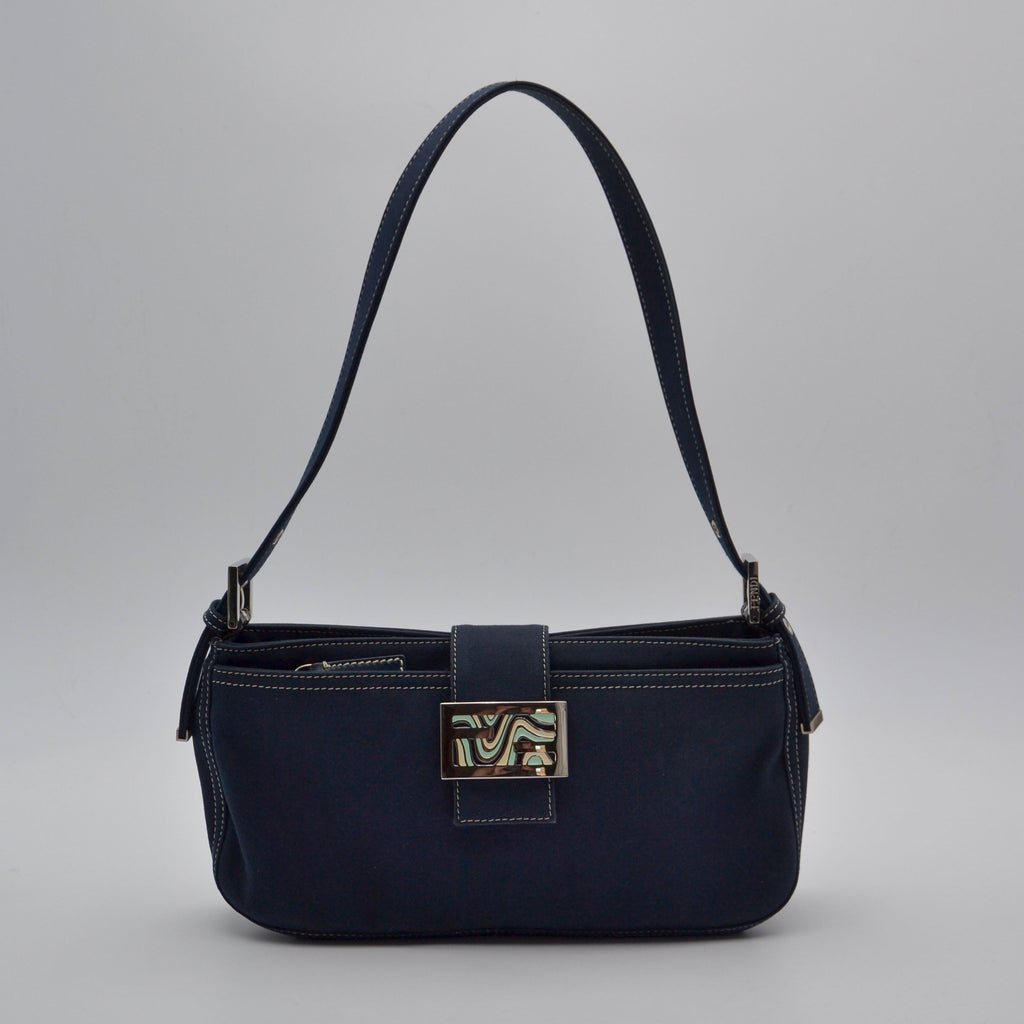 Fendi Baguette Navy Blue Canvas Vintage Enamel FF Clasp