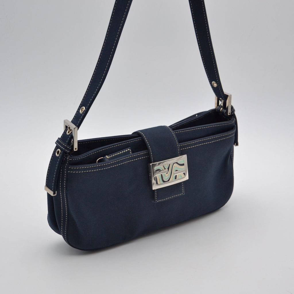 Fendi Baguette Navy Blue Canvas Vintage Enamel FF Clasp