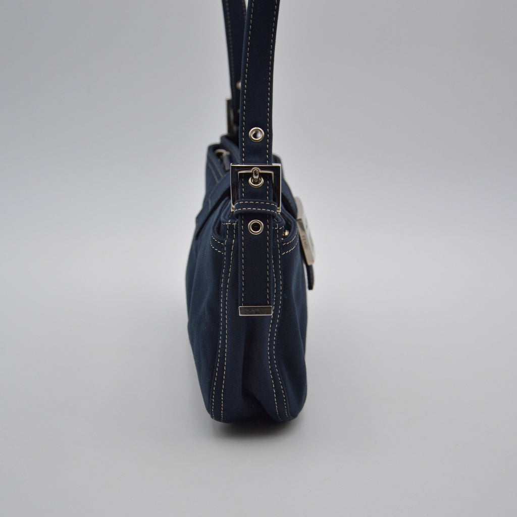 Fendi Baguette Navy Blue Canvas Vintage Enamel FF Clasp