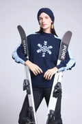 Trui met opstaande kraag en grote sneeuwvlok Flora - Marineblauw en hemelsblauw - Dames - 100% kasjmier