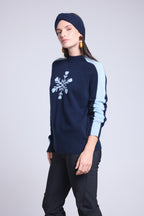 Trui met opstaande kraag en grote sneeuwvlok Flora - Marineblauw en hemelsblauw - Dames - 100% kasjmier
