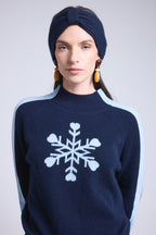Trui met opstaande kraag en grote sneeuwvlok Flora - Marineblauw en hemelsblauw - Dames - 100% kasjmier