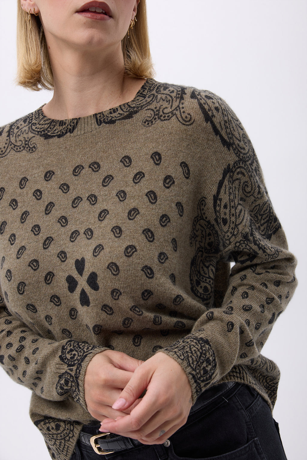 Maglione Girocollo Con Stampa Cuore Bandana Donna Flo - Verde Cachi Nero - Donna