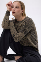 Maglione Girocollo Con Stampa Cuore Bandana Donna Flo - Verde Cachi Nero - Donna