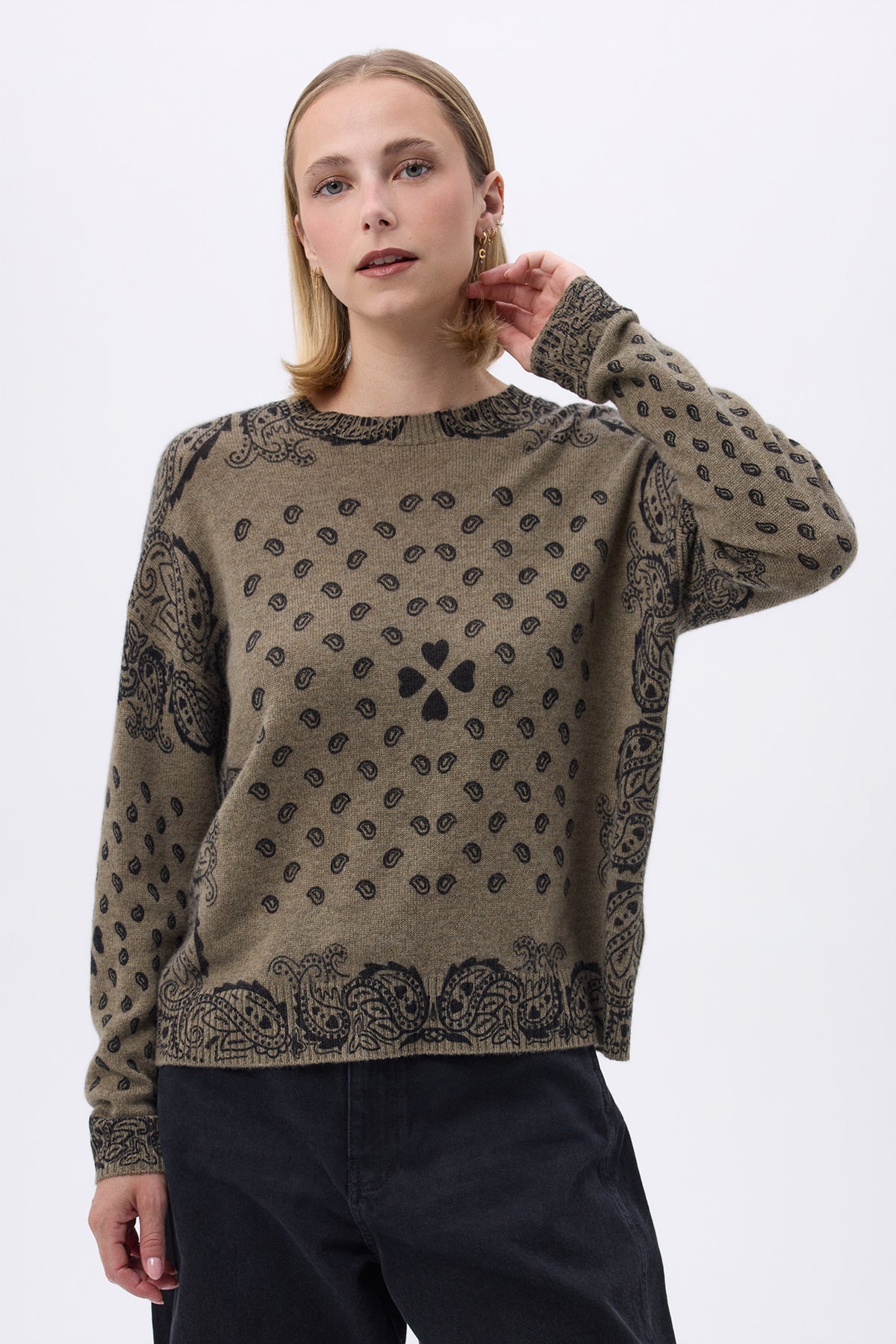 Maglione Girocollo Con Stampa Cuore Bandana Donna Flo - Verde Cachi Nero - Donna