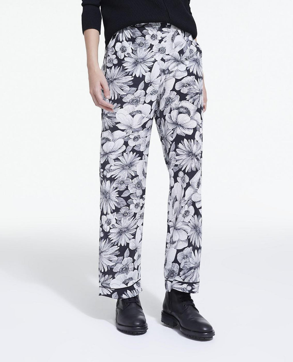 Straight Silk Trousers - Ecru And Black - Women