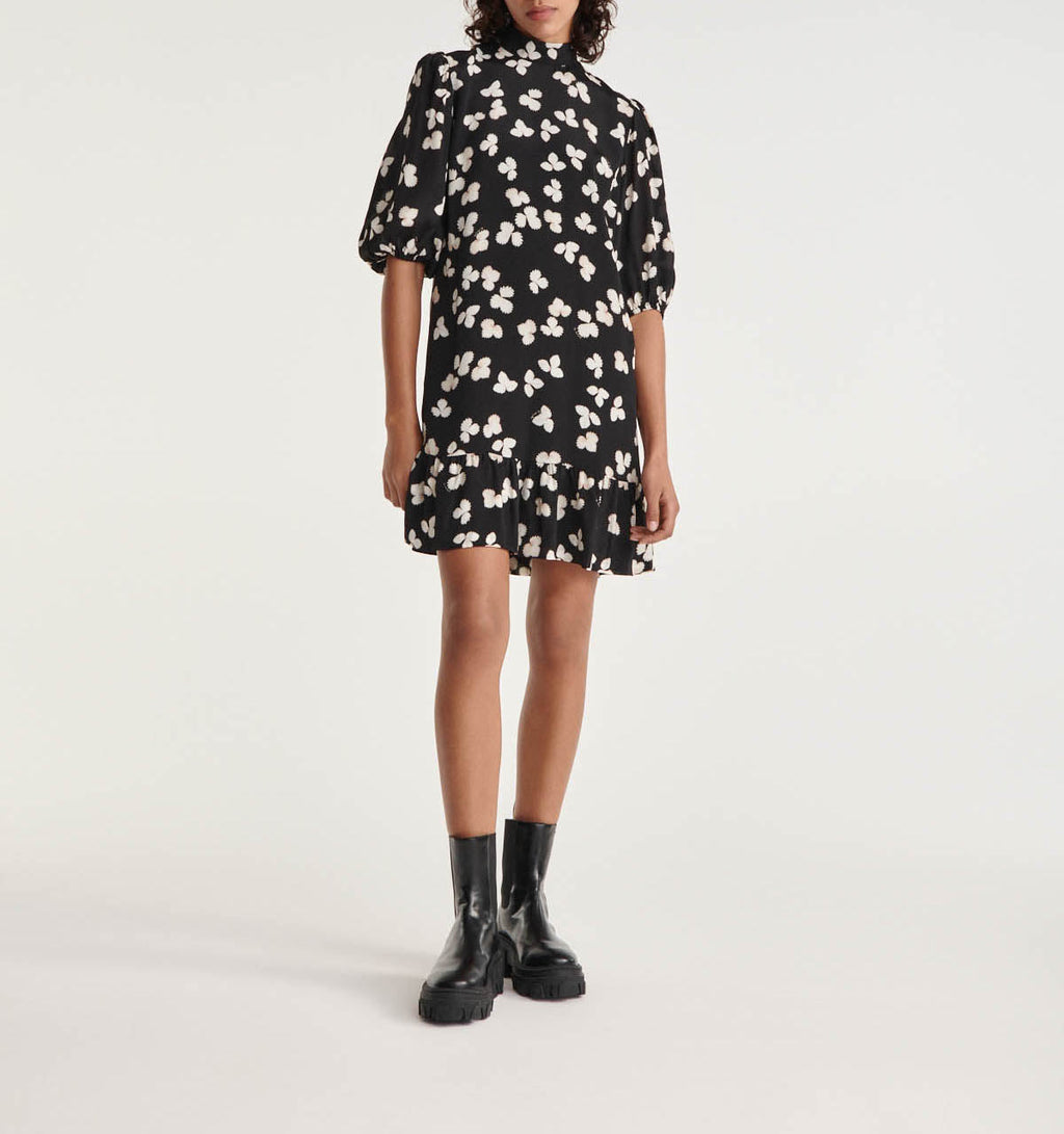 The Kooples - Robe Courte Noire Motif Écru Col Montant - Femme