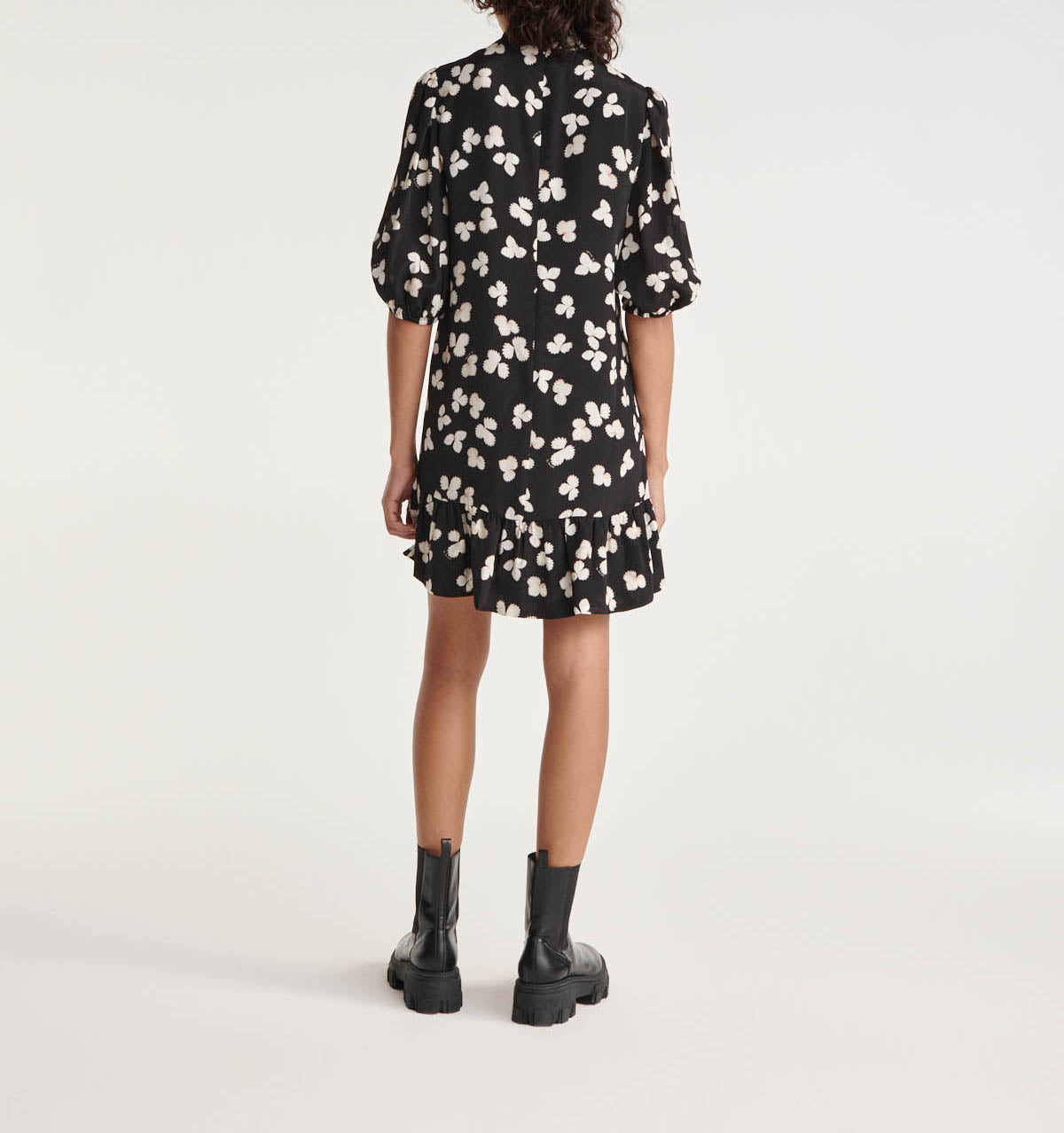 The Kooples - Robe Courte Noire Motif Écru Col Montant - Femme
