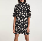 The Kooples - Robe Courte Noire Motif Écru Col Montant - Femme