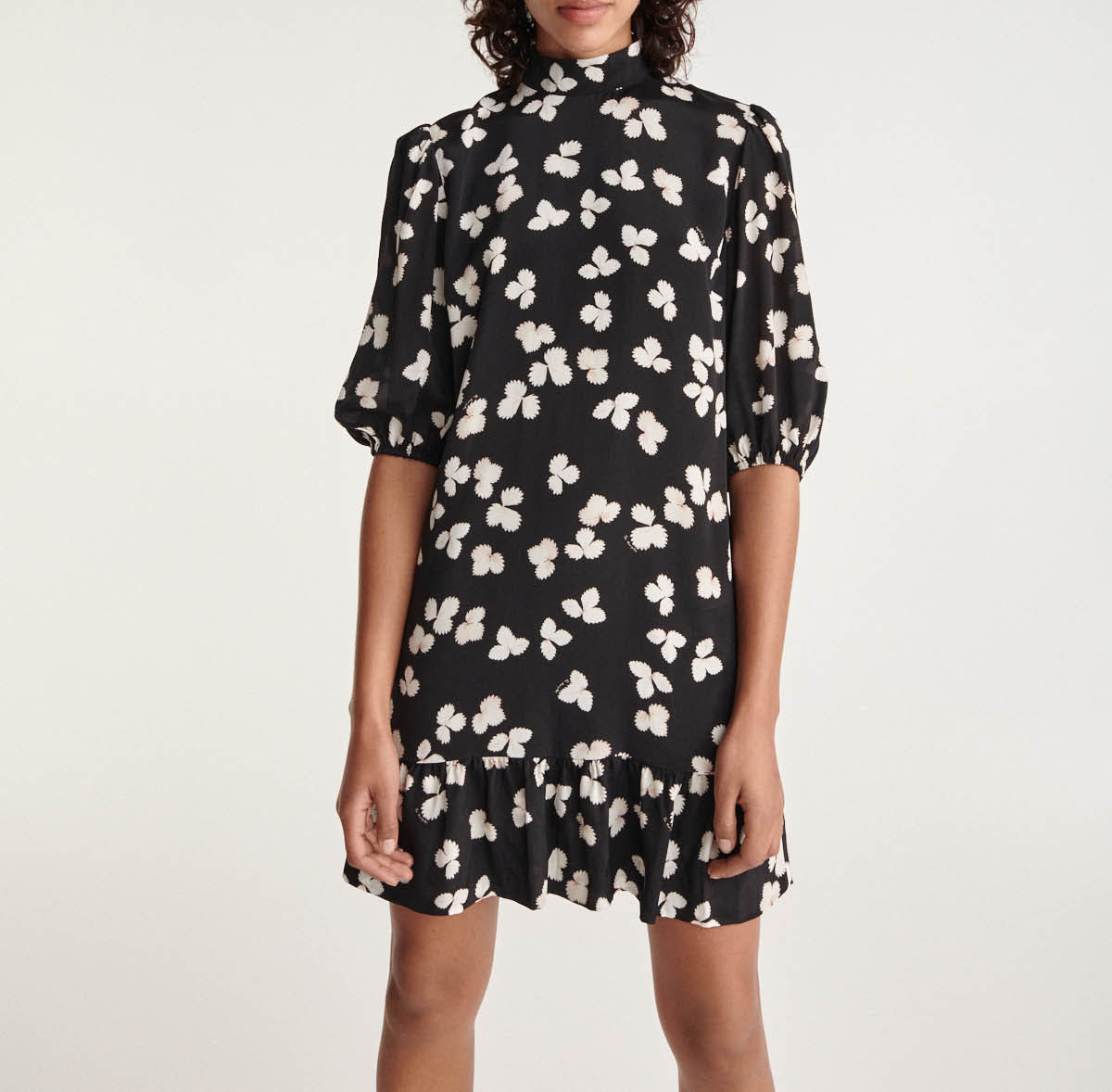 The Kooples - Robe Courte Noire Motif Écru Col Montant - Femme