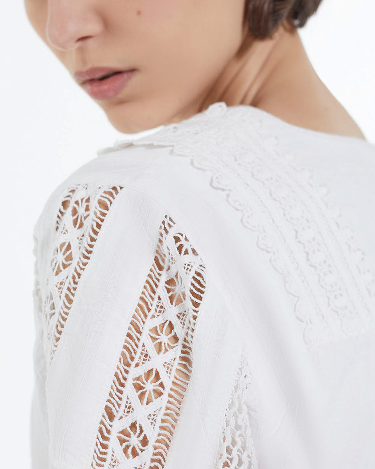 Short Ecru Embroidered Dress with Gallon Detail - Women