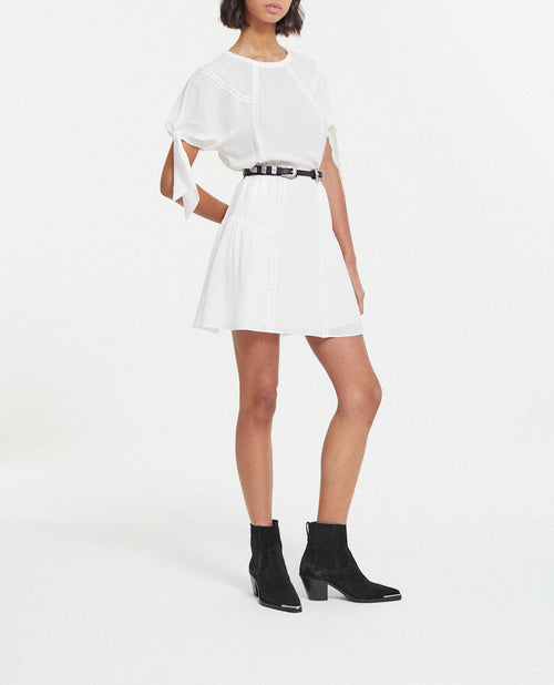 Short White Silk Dress With Tie Sleeves - Women