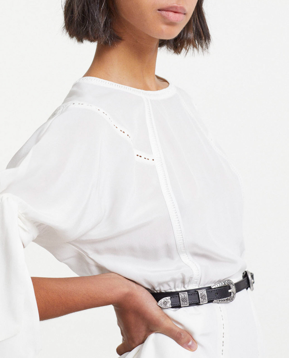 Short White Silk Dress With Tie Sleeves - Women