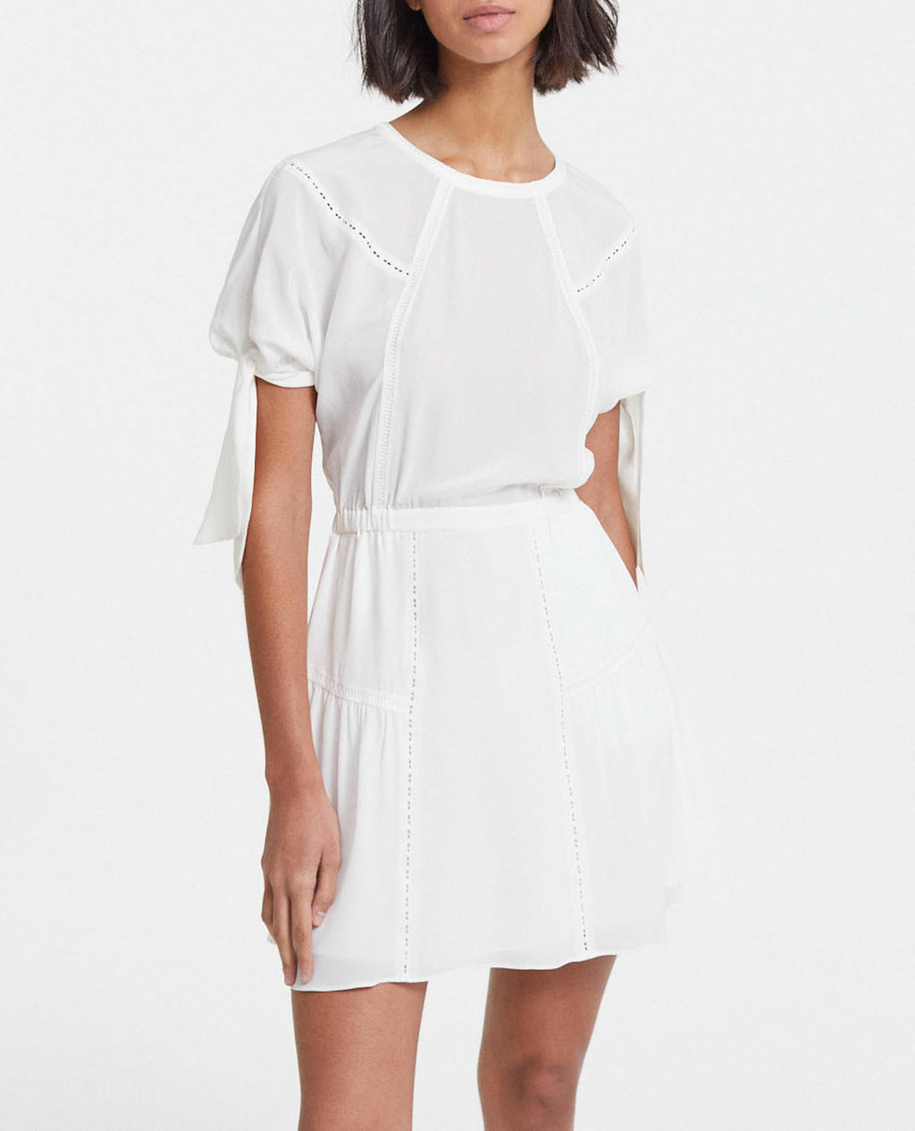 Short White Silk Dress With Tie Sleeves - Women