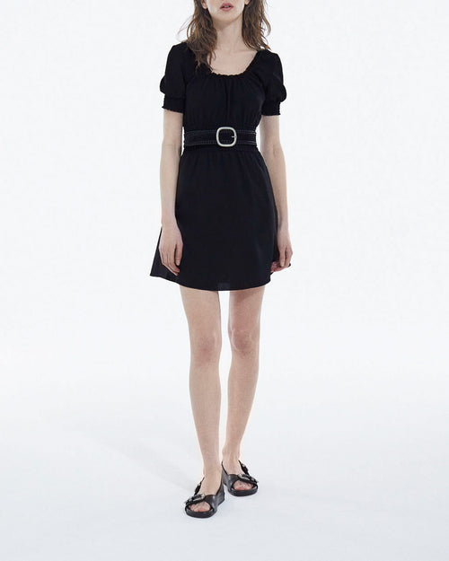 Lightweight Black Short Dress with Puff Sleeves - Women