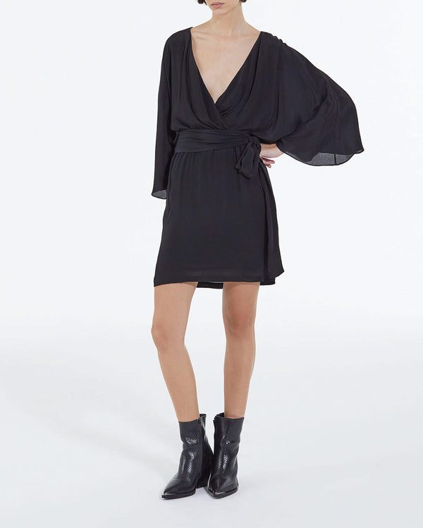 The Kooples - Vestido Kimono Corto De Viscosa De Seda Con Cinturón - Negro - Mujer