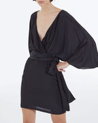 The Kooples - Vestido kimono corto con cinturón de viscosa y seda - Negro - Mujer
