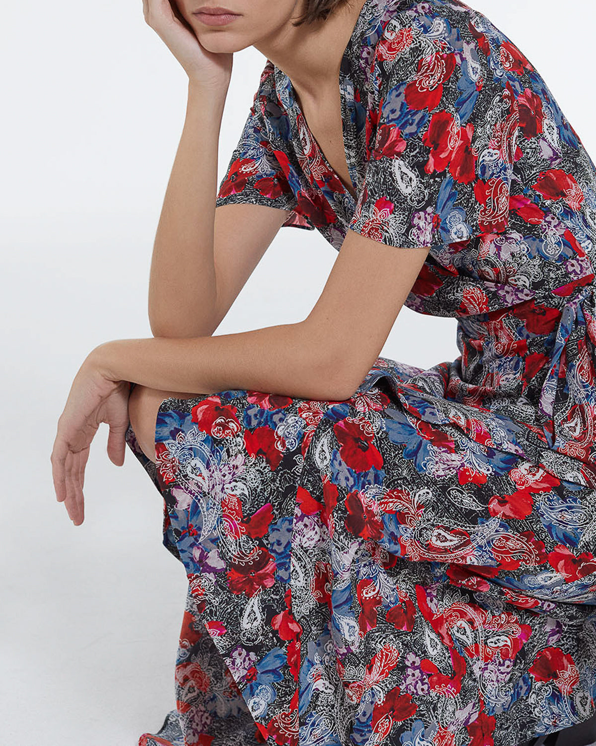 Red Silk Dress With Floral Print - Women