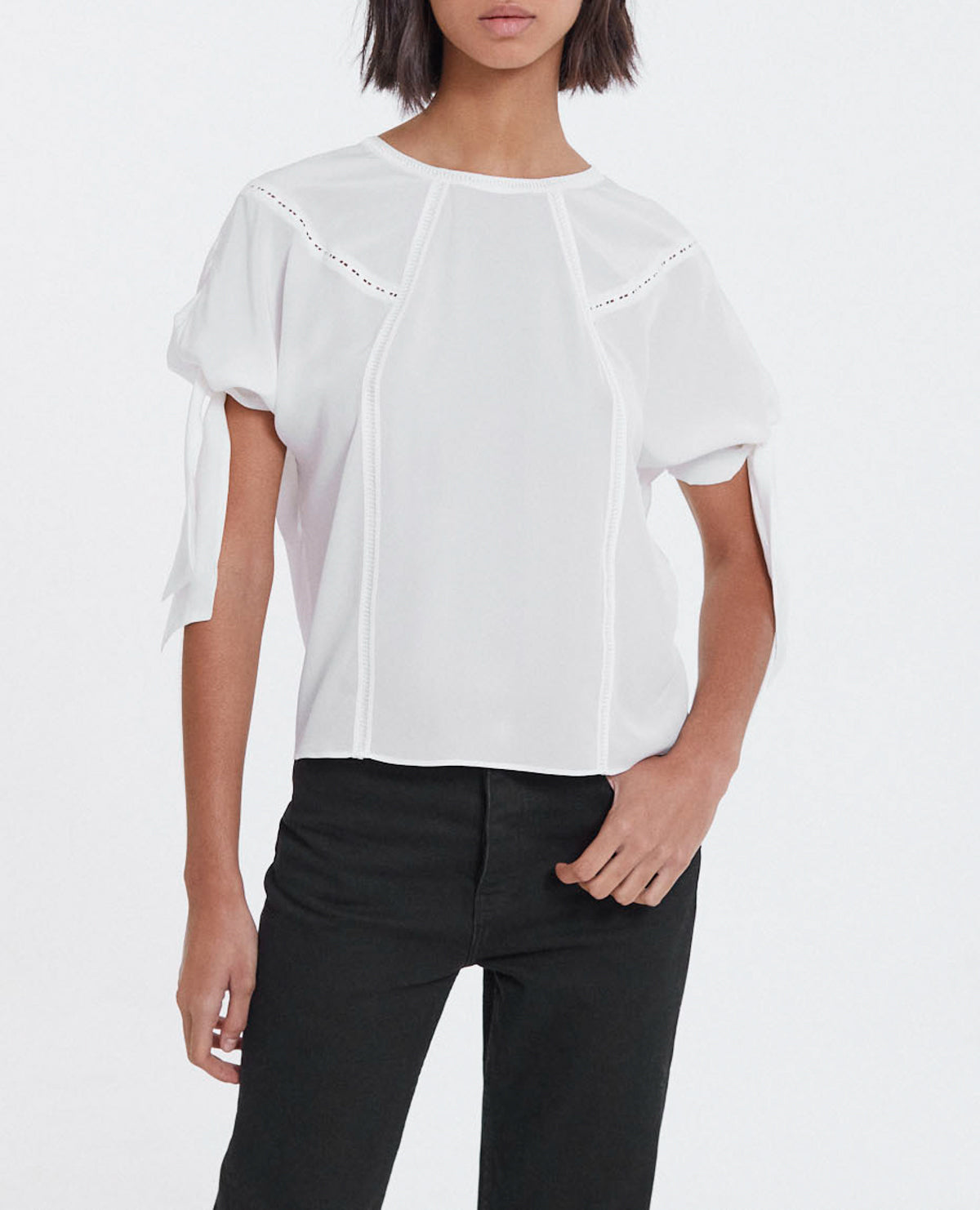 The Kooples - Top Blanco Seda Mangas Tres Cuartos con Galón - Mujer