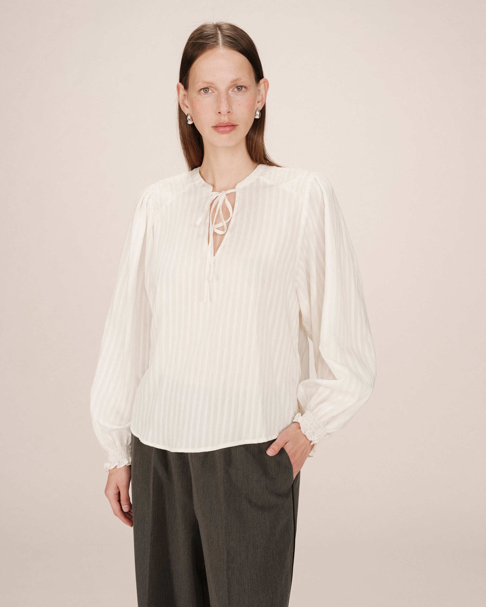 Ecru Tied Neck Blouse Serinda