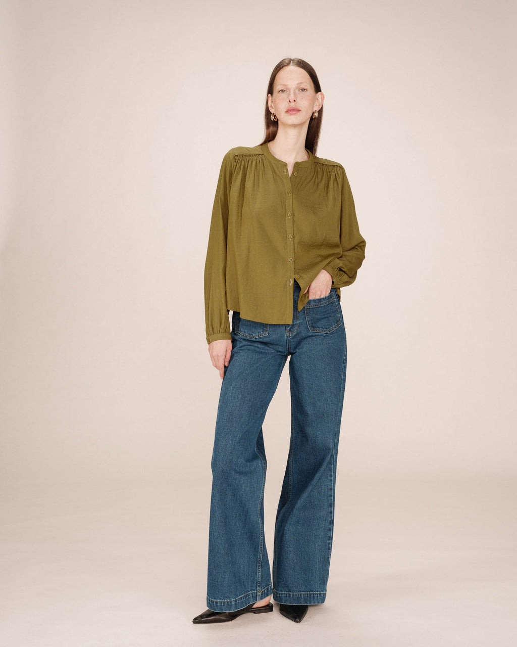 Straight Blouse With Gathers Olive Savannah
