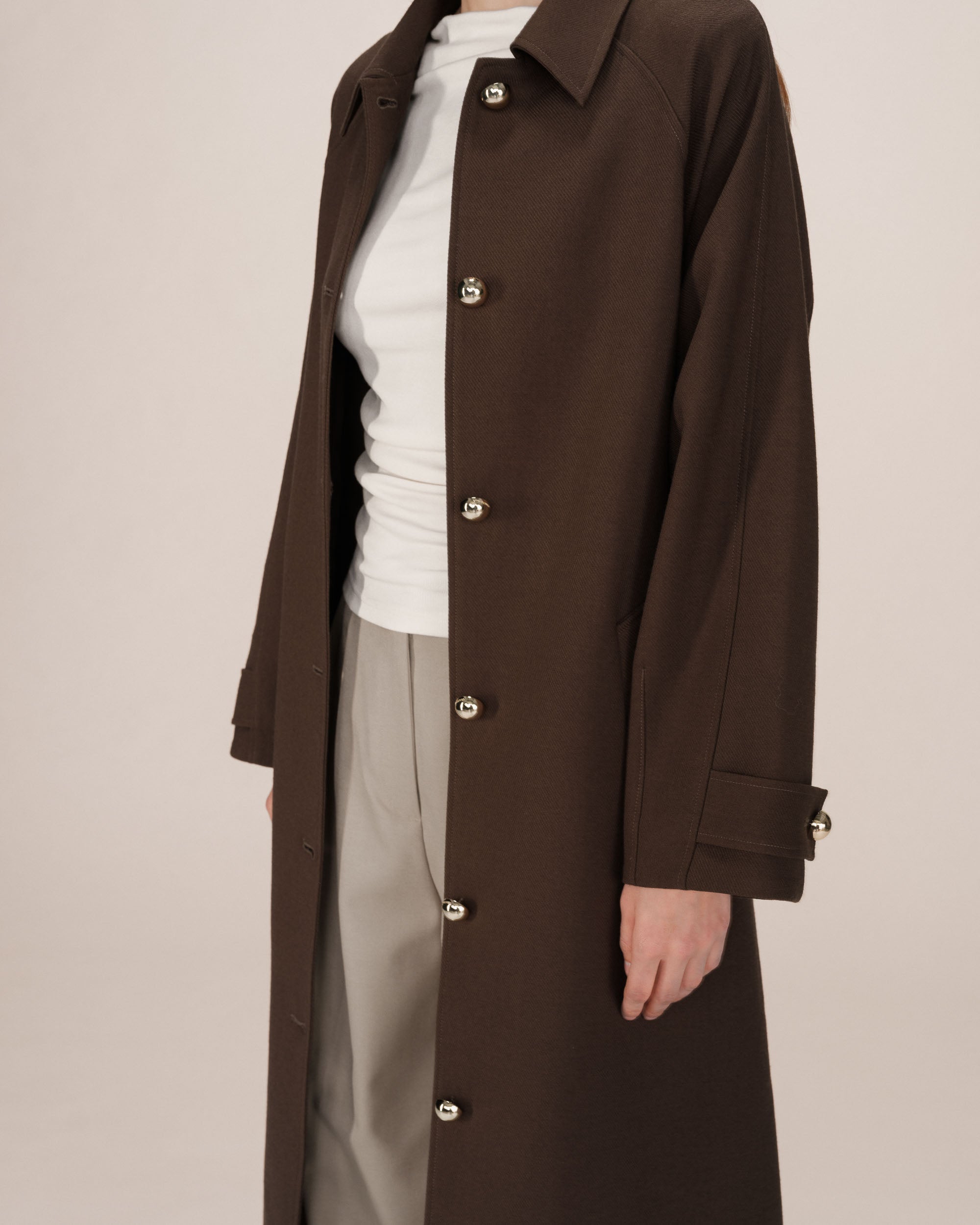 Long Trench Coat Gold Buttons Chocolate Scott