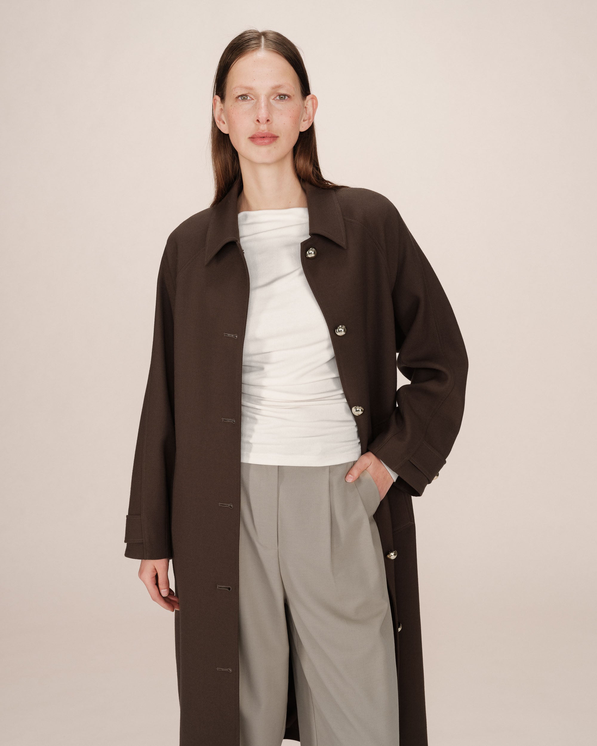 Long Trench Coat Gold Buttons Chocolate Scott