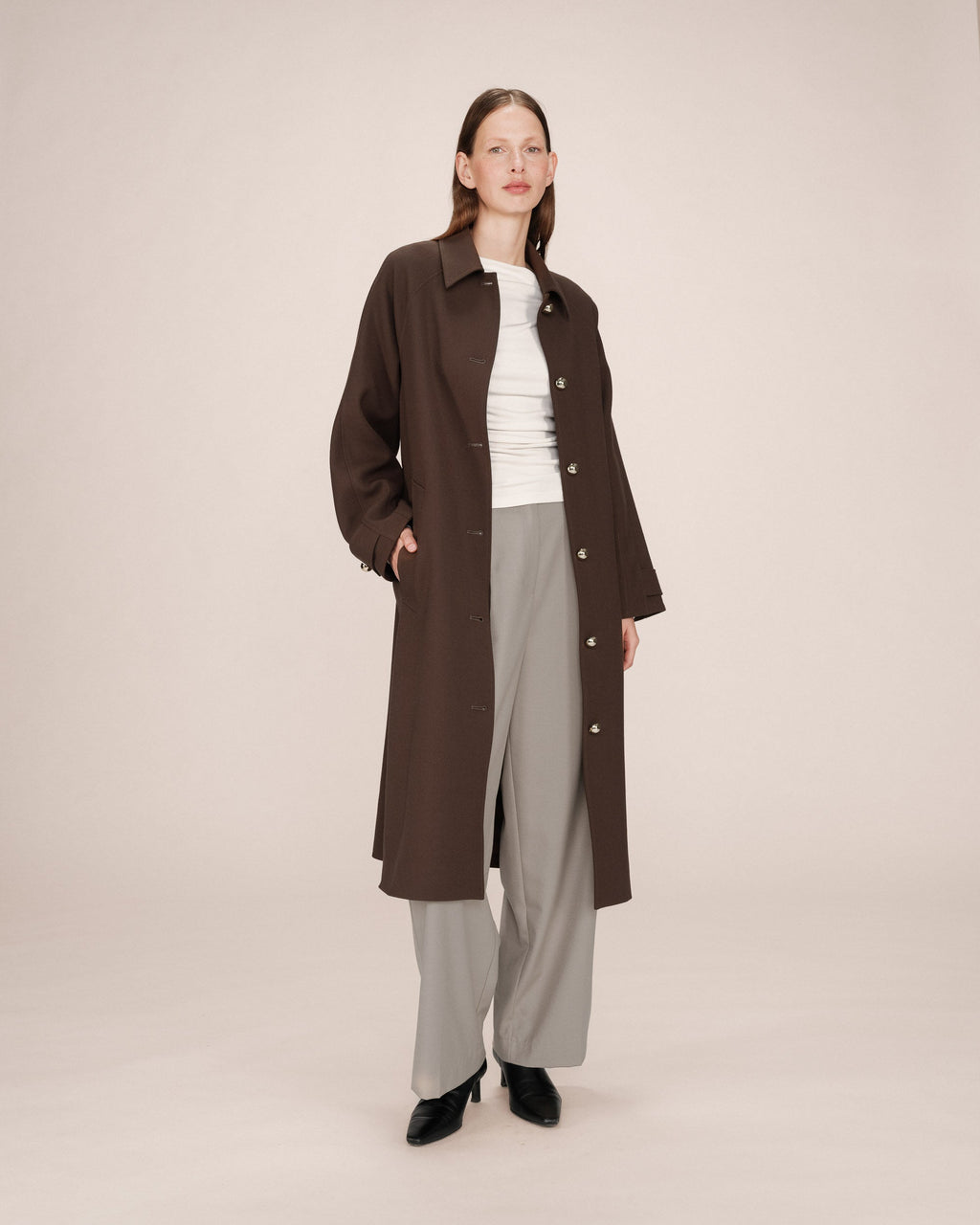 Long Trench Coat Gold Buttons Chocolate Scott
