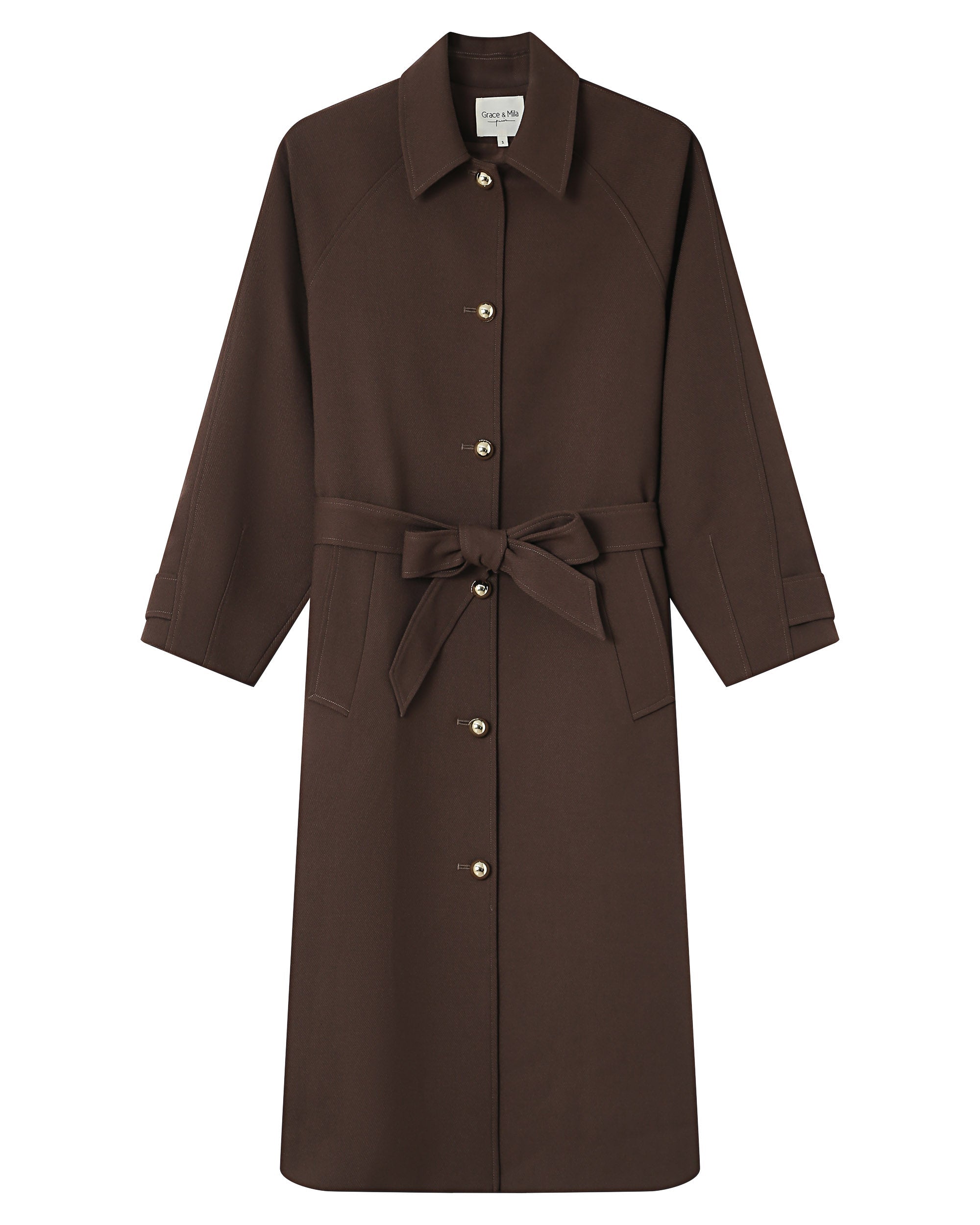 Long Trench Coat Gold Buttons Chocolate Scott