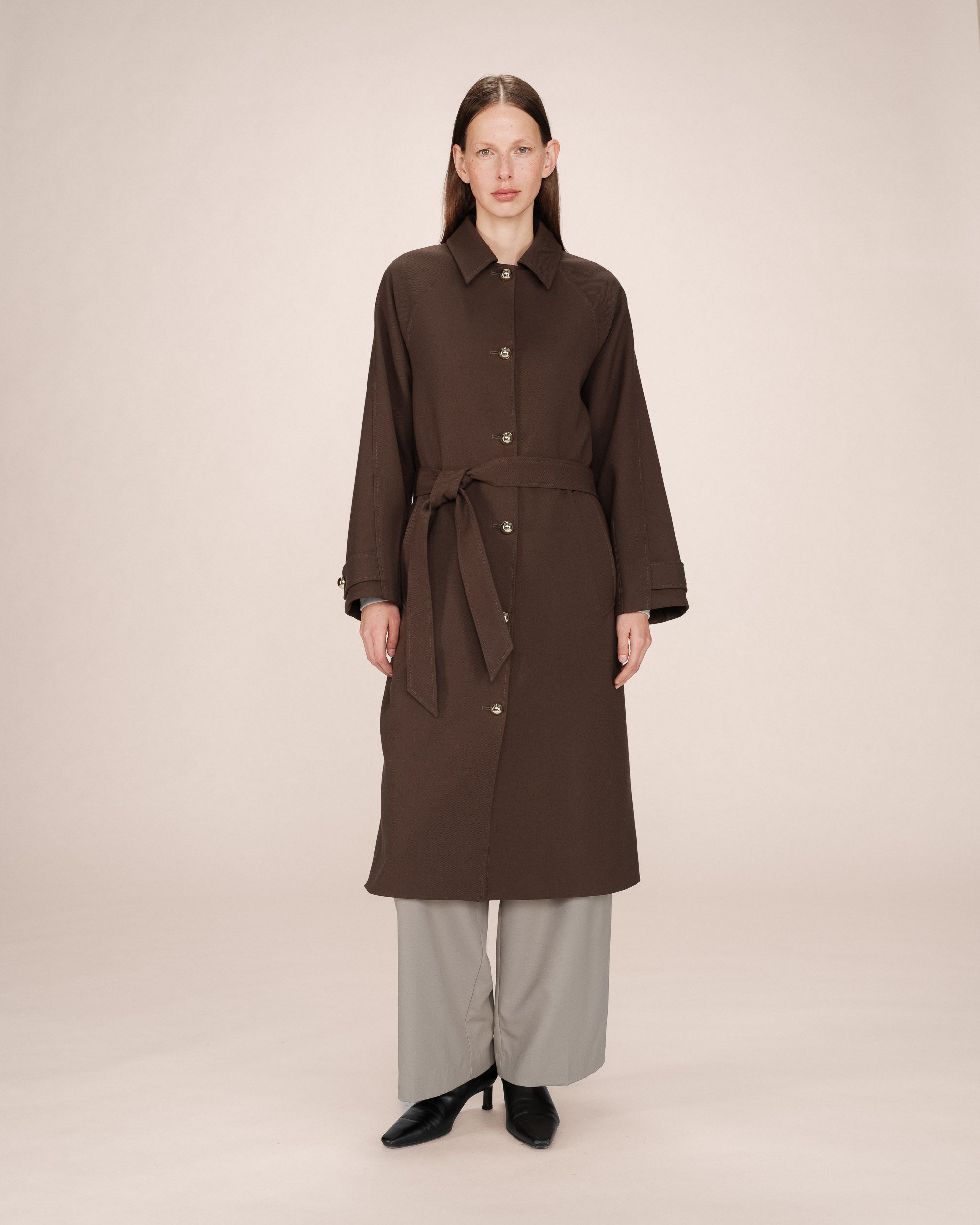 Long Trench Coat Gold Buttons Chocolate Scott