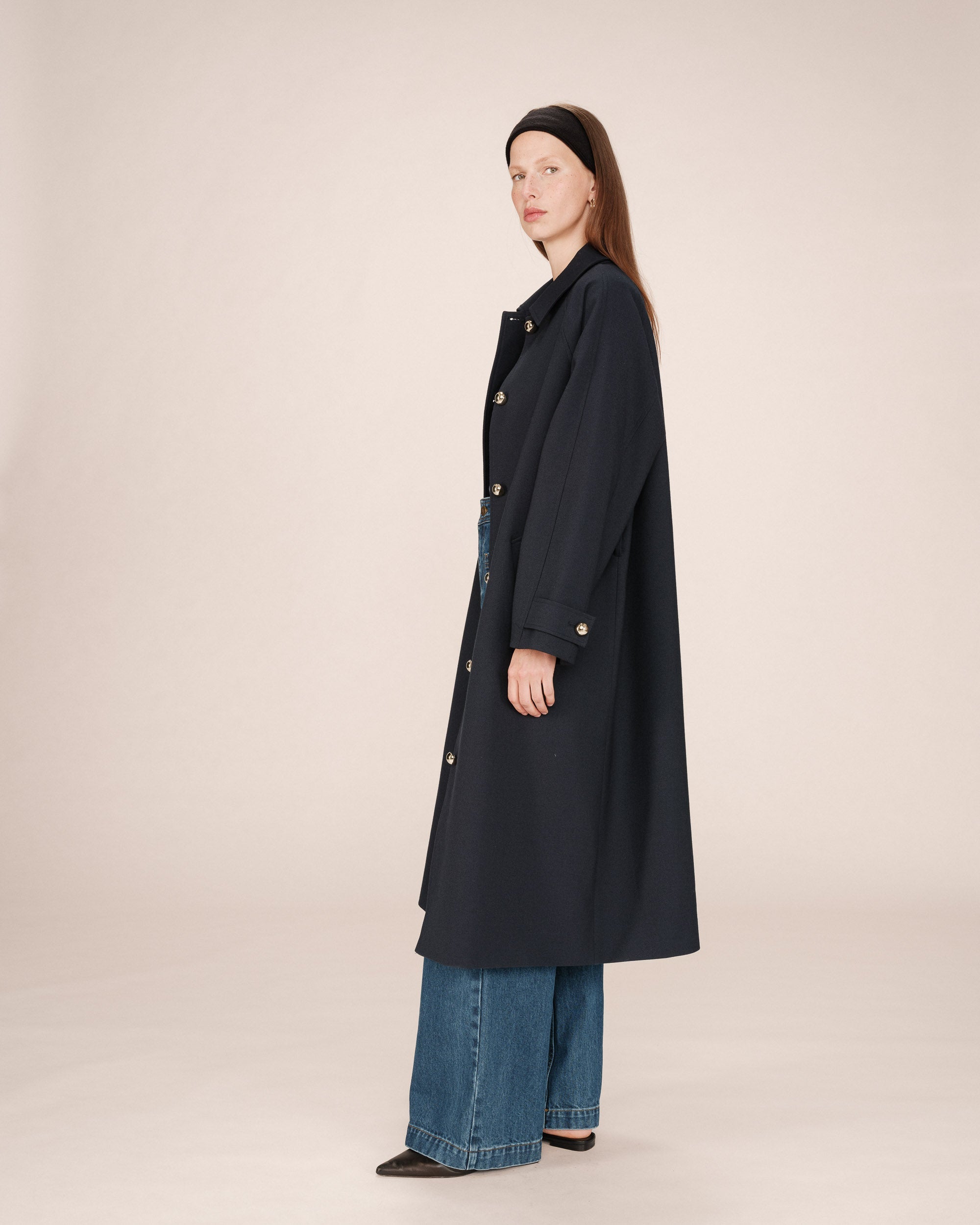 Long Trench Coat with Gold Buttons Navy Scott