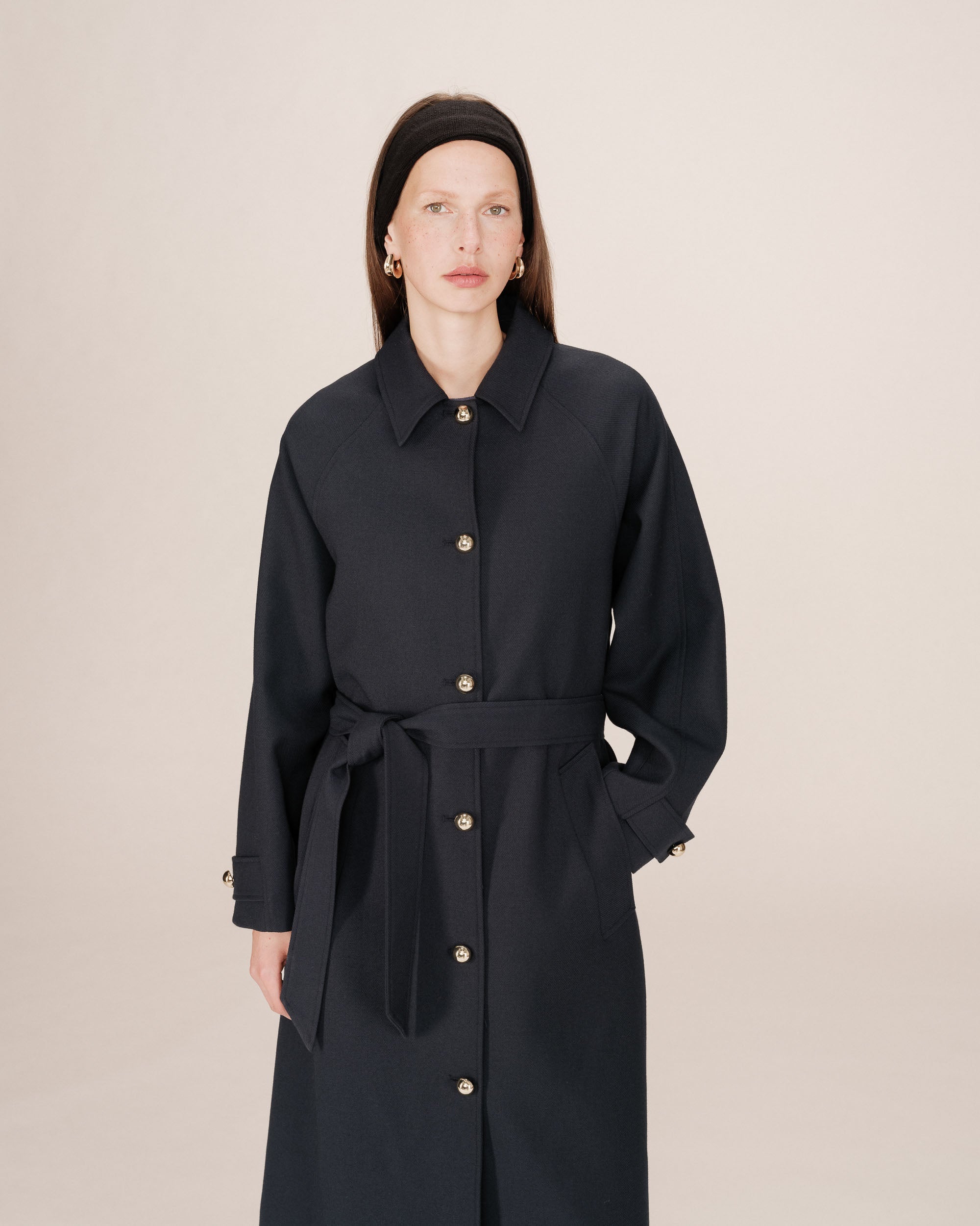 Long Trench Coat with Gold Buttons Navy Scott