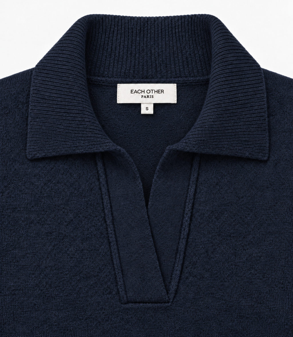Polo En Maille De Laine Melangée - Bleu Marine