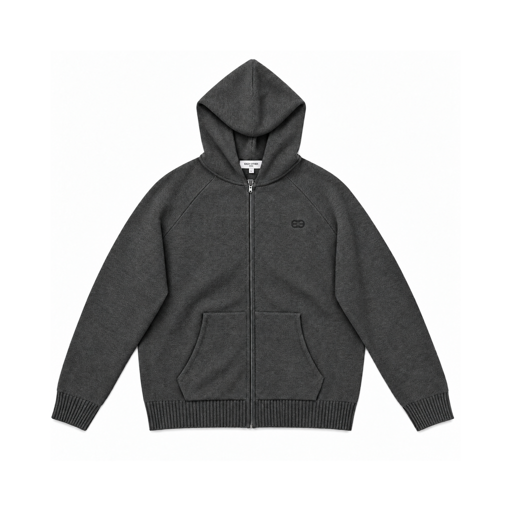 Wool Zip-Up Hooded Cardigan - Grey