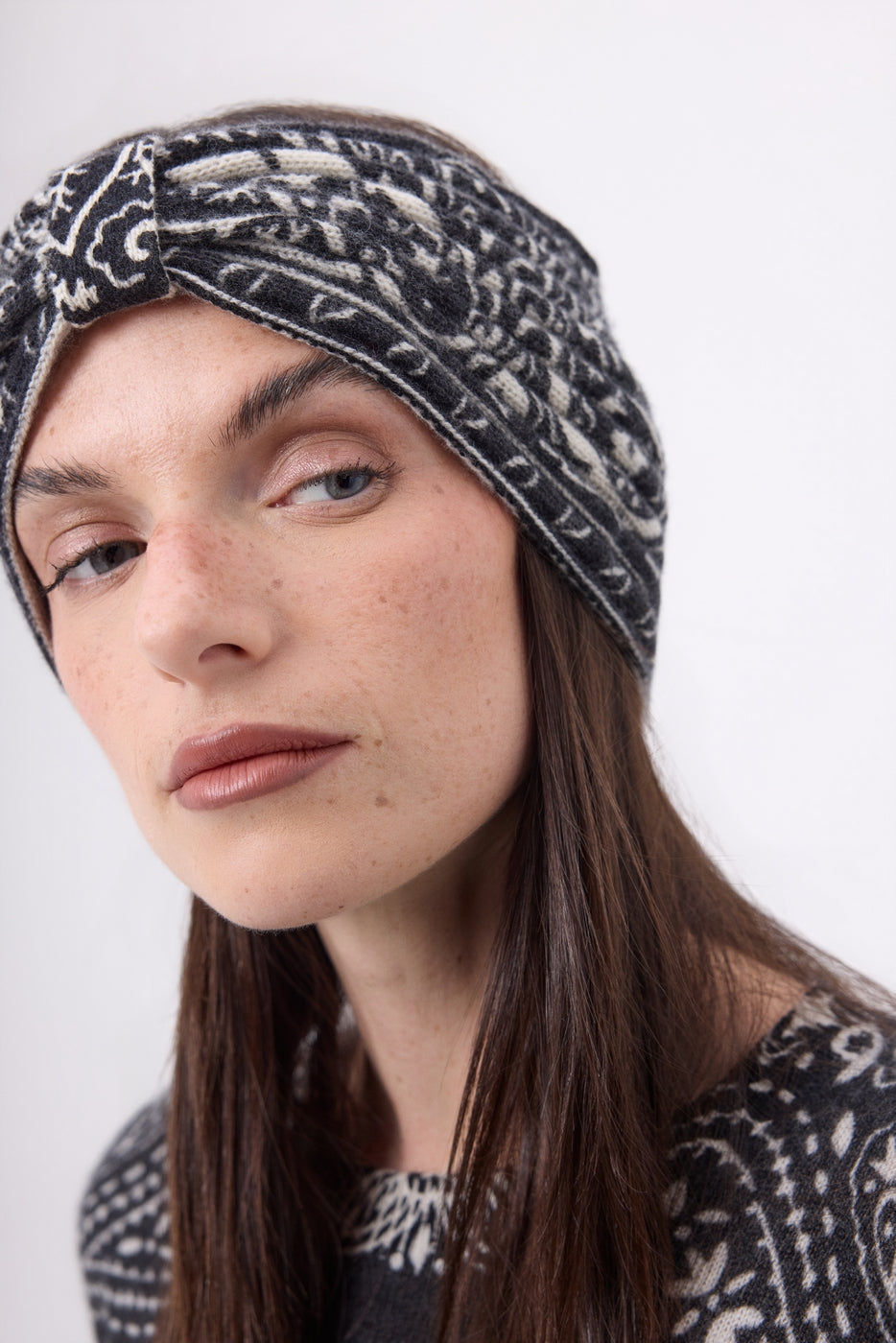 Fascia Stampa Bandana Gala - Nero Bianco - Donna - 100% Cashmere