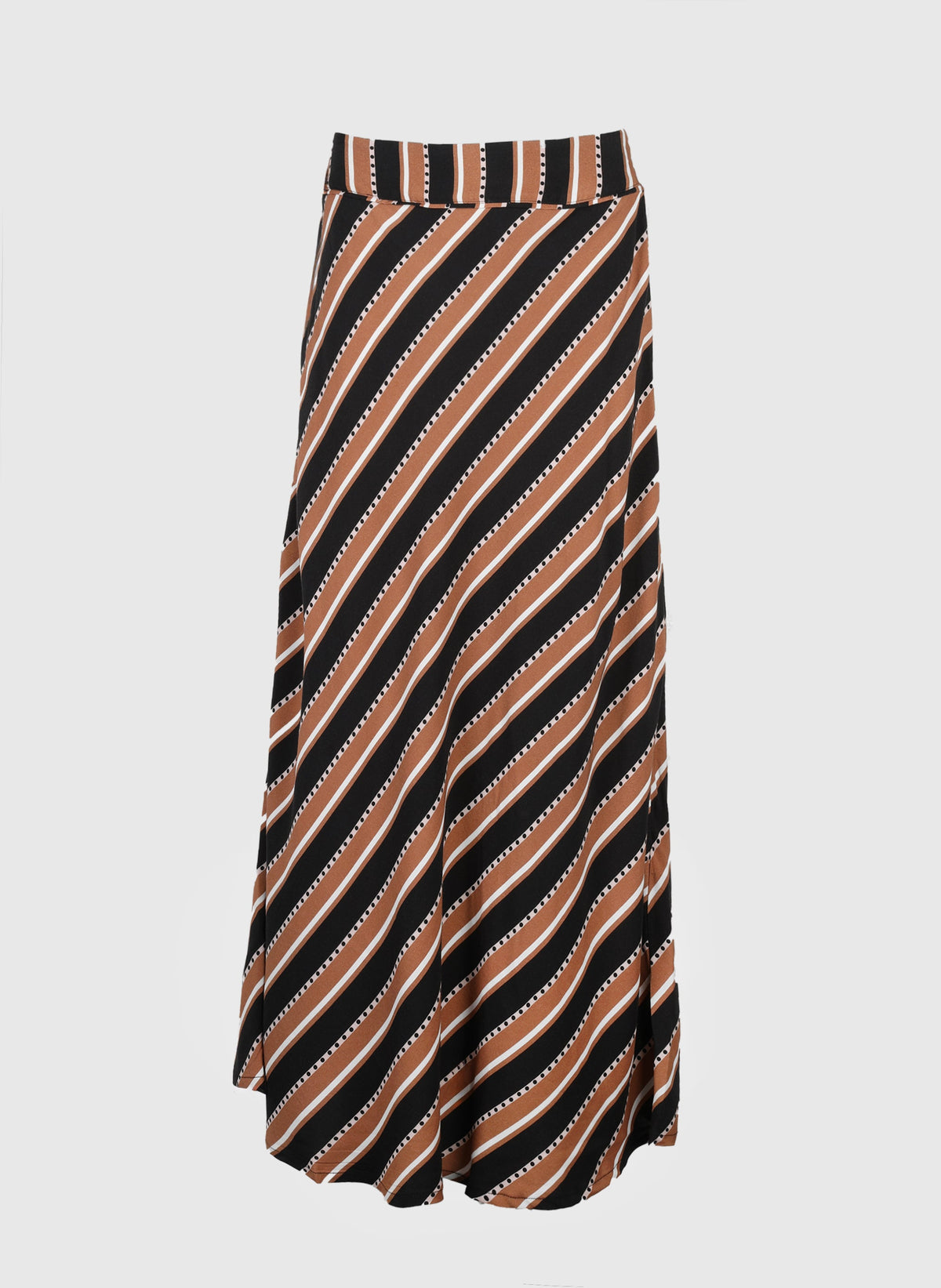 An'ge – Jupe Midi Gania Velia Camel, jupe longue à rayures diagonales noires, marron et blanches
