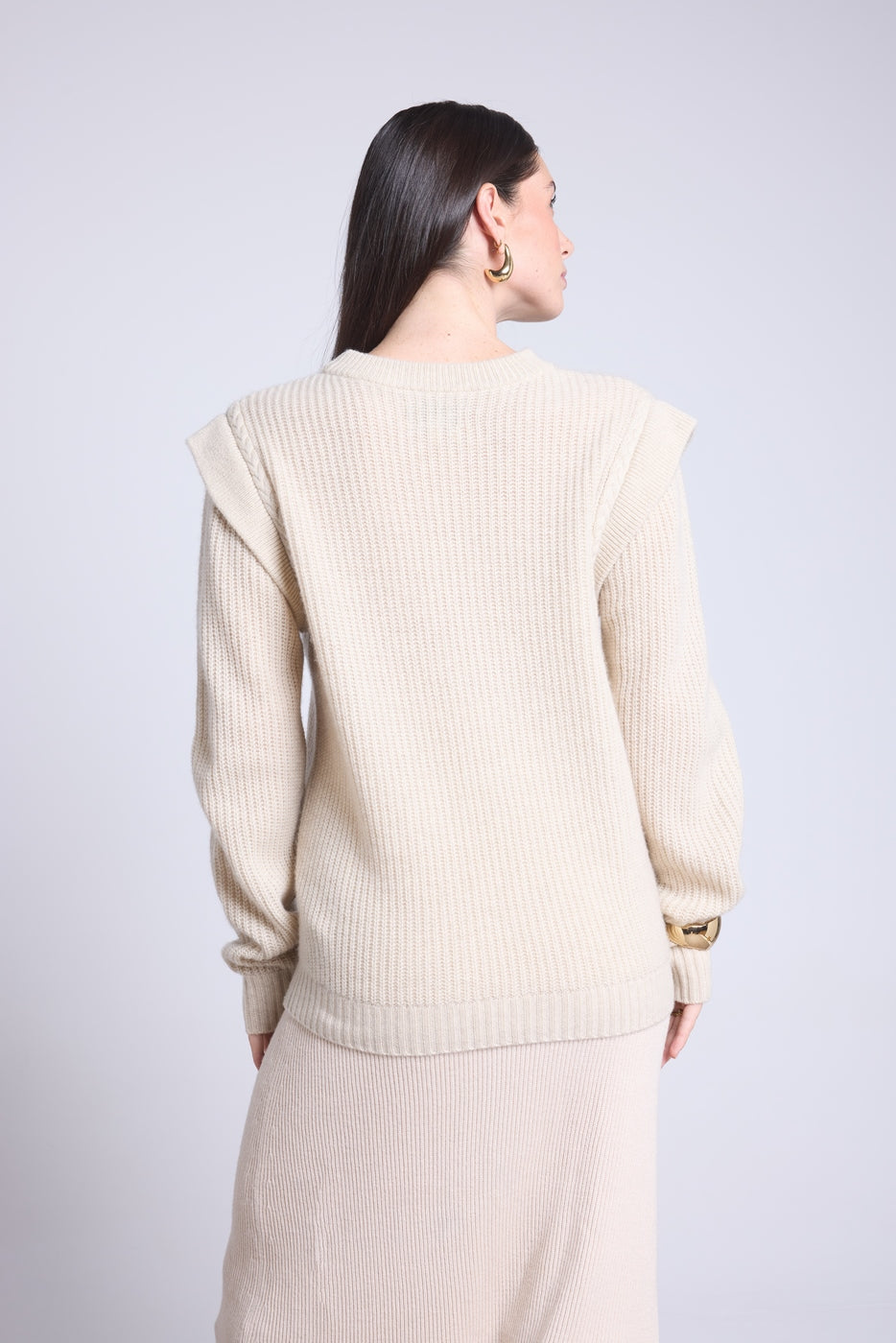 Pull Col Rond Epaules Structurees Ginola - Beige Creme - Femme - Cachemire Et Laine