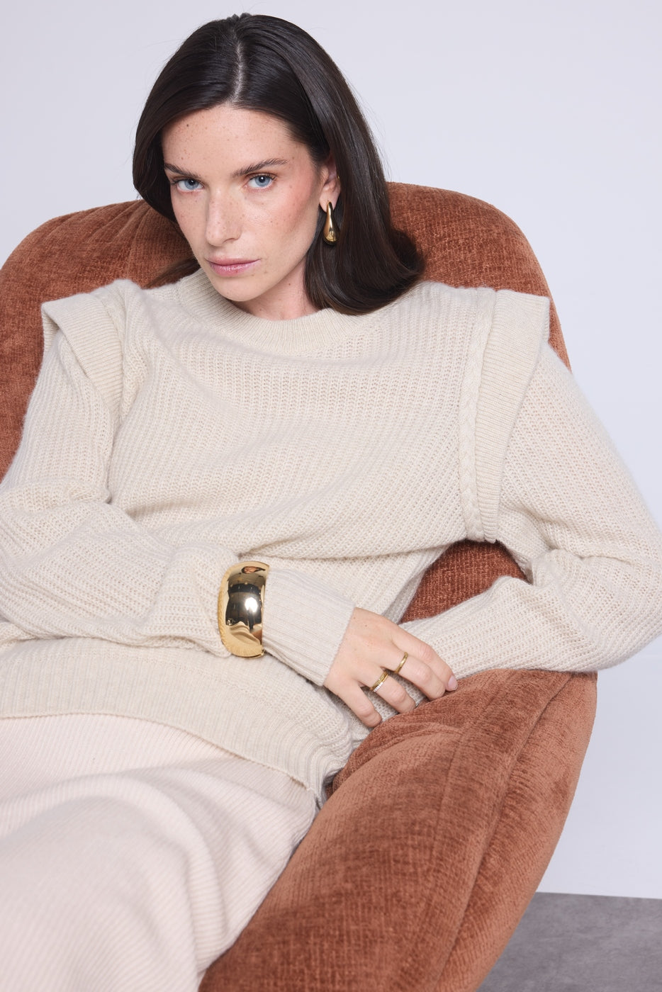 Pull Col Rond Epaules Structurees Ginola - Beige Creme - Femme - Cachemire Et Laine