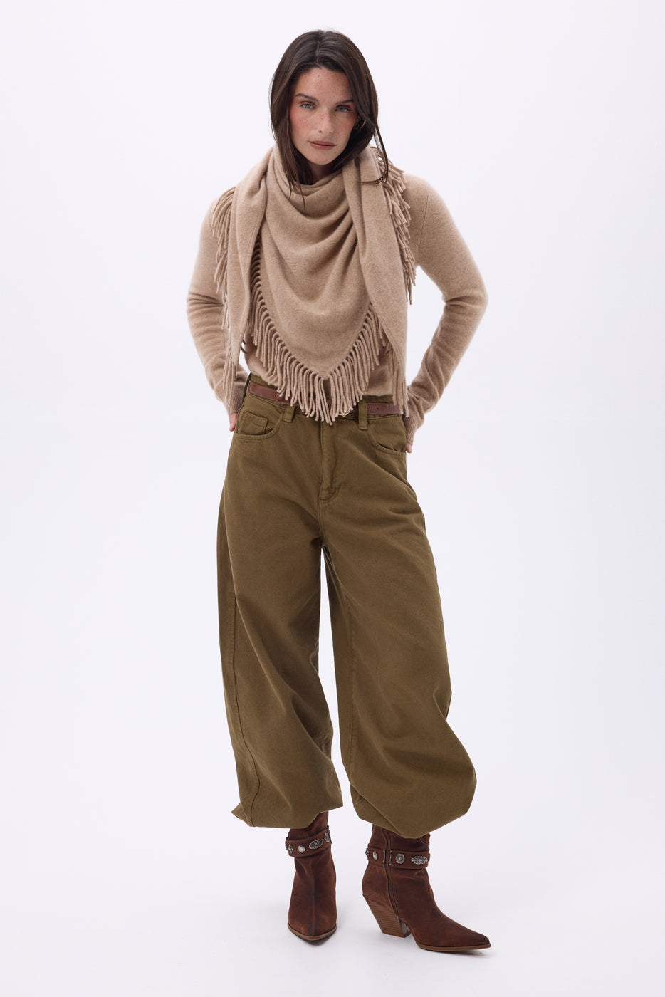 Grande Echarpe Triangle Bandana À Franges Gioia - Beige Creme - Femme - 100% Cachemire