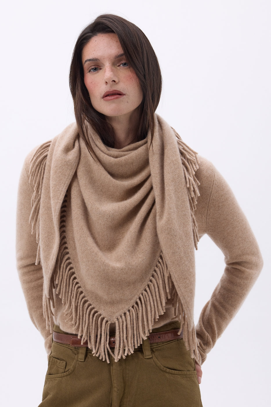 Grande Echarpe Triangle Bandana À Franges Gioia - Beige Creme - Femme - 100% Cachemire