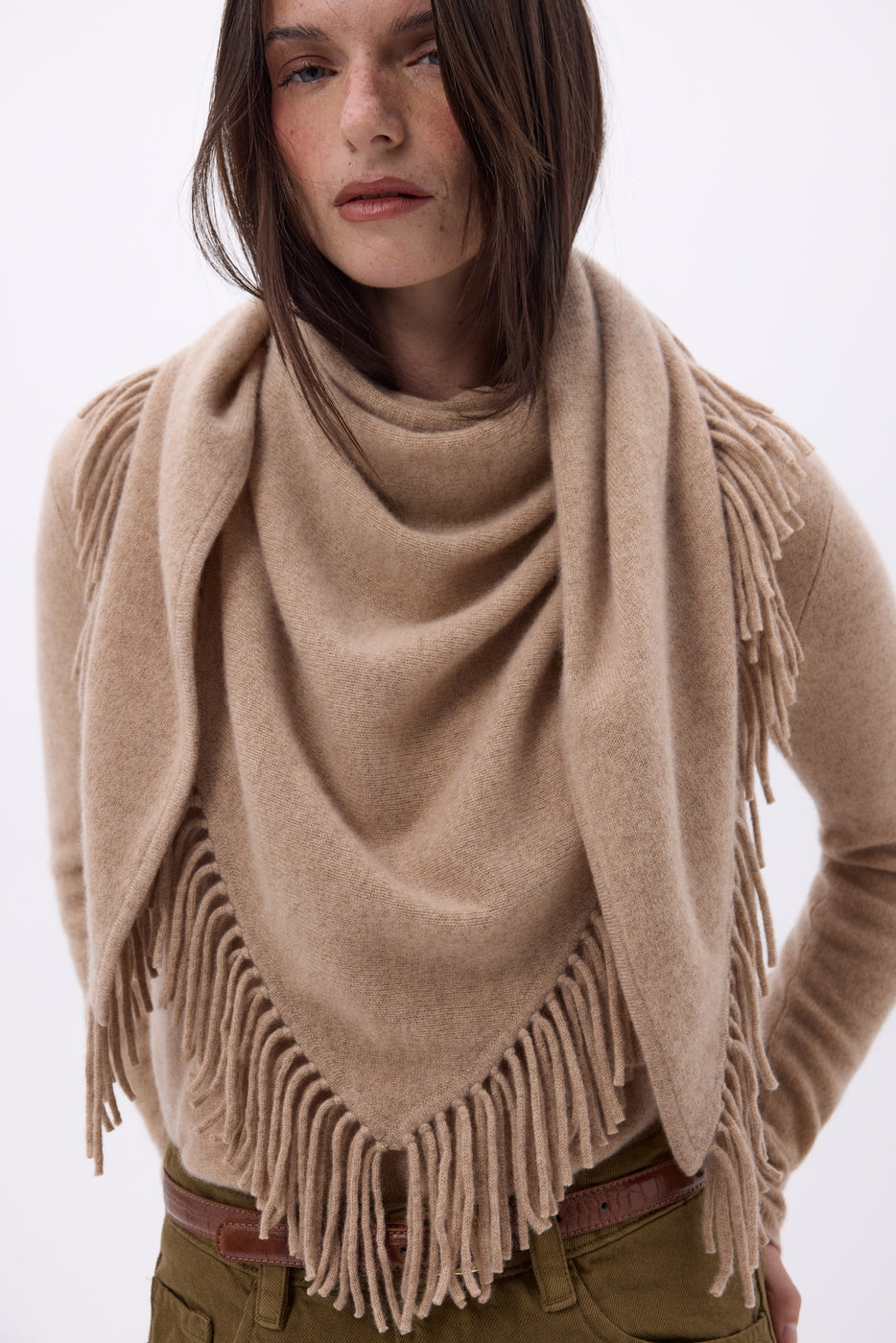 Grande Echarpe Triangle Bandana À Franges Gioia - Beige Creme - Femme - 100% Cachemire