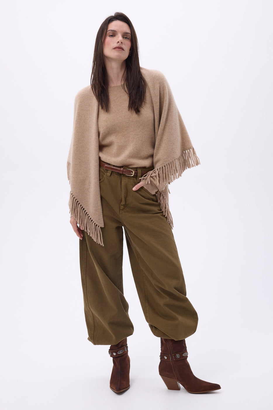 Grande Echarpe Triangle Bandana À Franges Gioia - Beige Creme - Femme - 100% Cachemire