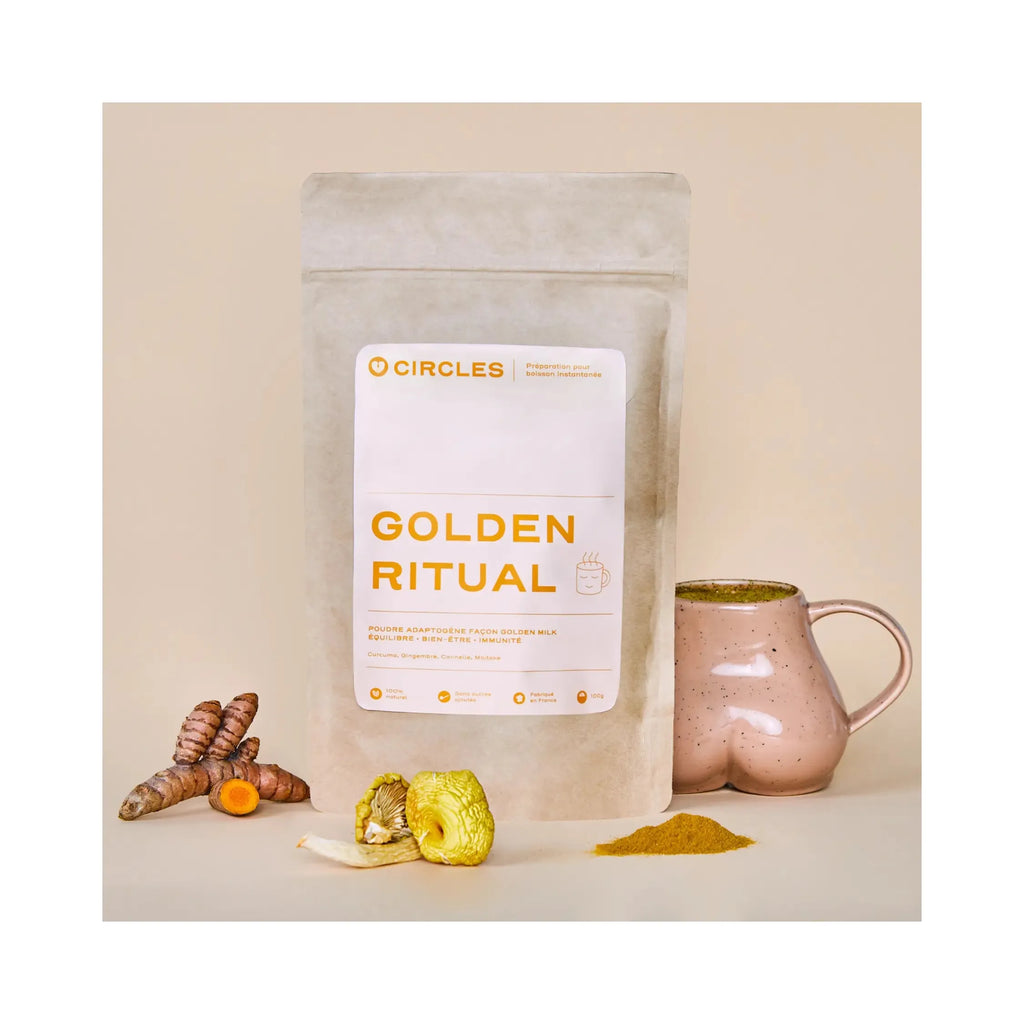 golden ritual product with mug in the background