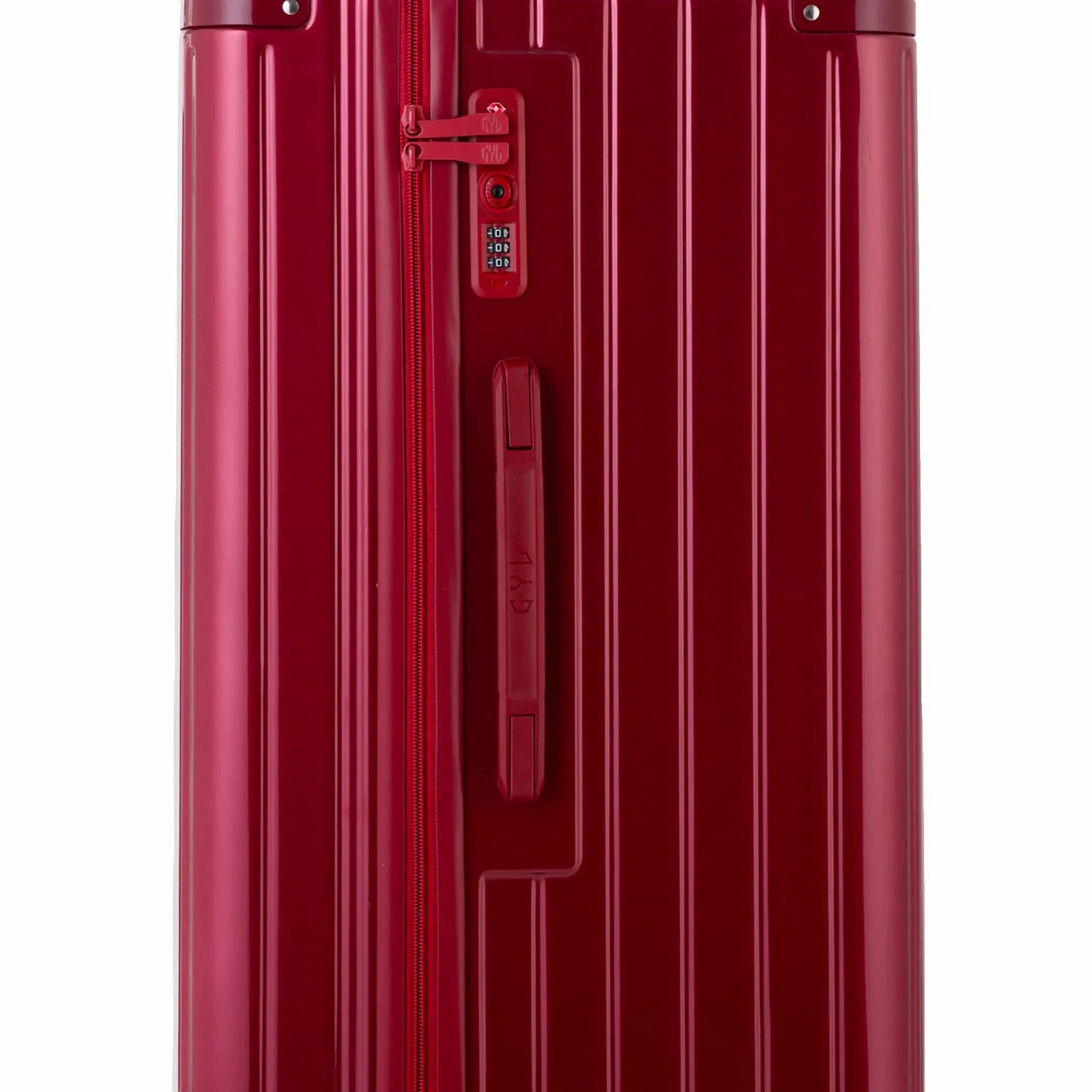 Detail of the TSA lock and side handle on the dark red trunk suitcase. #couleur_red foncé