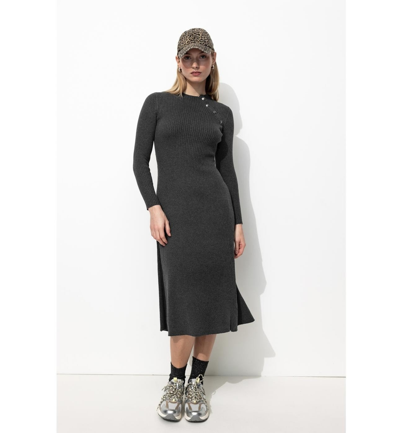 Vestido largo de canalé para mujer, color liso, gris oscuro