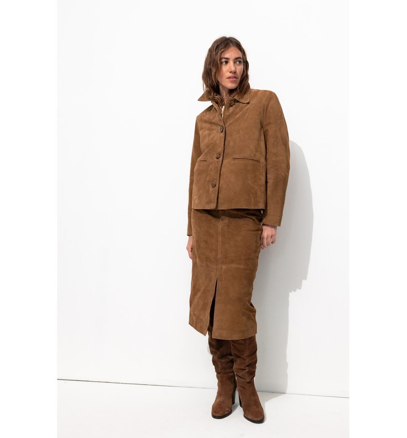 Falda midi de mujer 100% piel ante - Gris oscuro liso