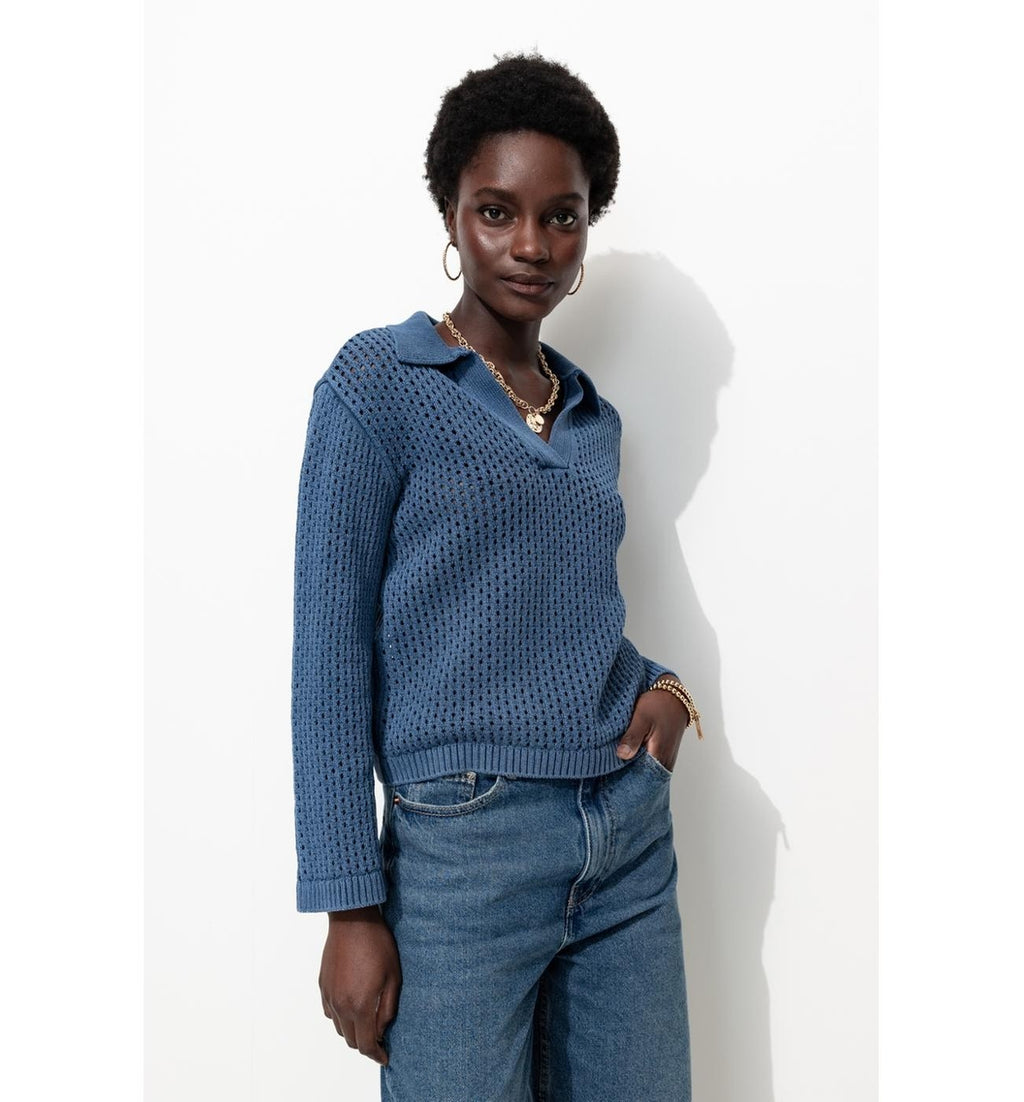 Women's Polo Collar Cotton Sweater - Plain Dark Blue